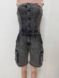 Women casual strapless multi pockets blue denim cargo jumpsuit