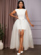 White dress with lace and mesh sleeveless low back evening dress