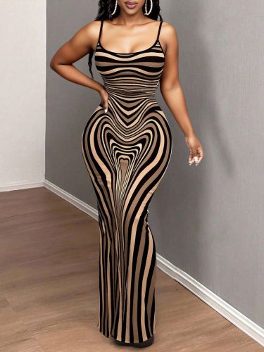 Women Printed Low Back Sling Long Bodycon Dress