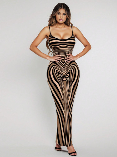Women Printed Low Back Sling Long Bodycon Dress