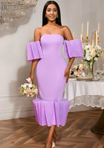 Sexy purple dress pleated detail party evening dress