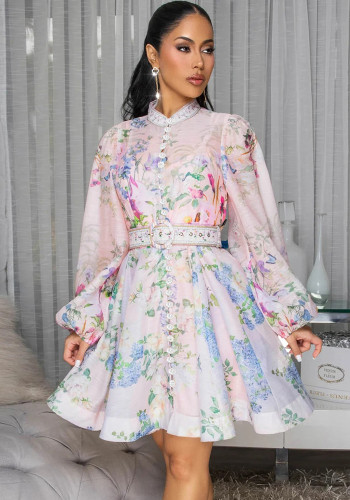 Women Flower Printed Lantern Sleeve Belted Dress