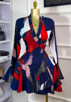 Printed V-neck trumpet sleeve high-waist long sleeved dress