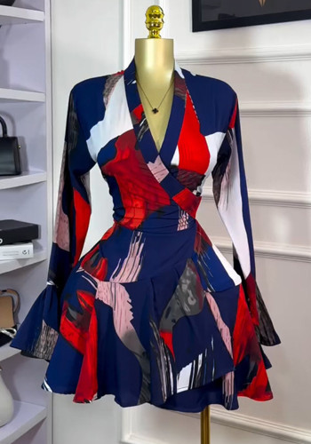Printed V-neck trumpet sleeve high-waist long sleeved dress
