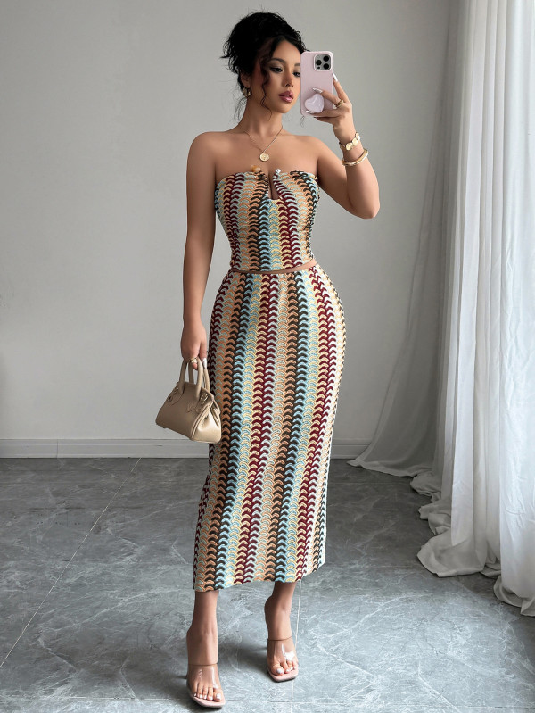 Elegant printed tube top and maxi skirt suit for women