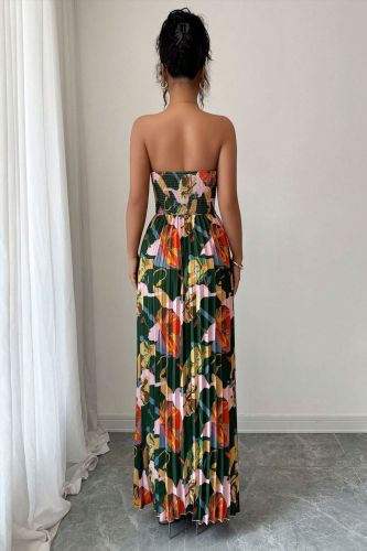 Retro print long dress elegant sweetheart tube top floral maxi dress