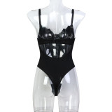 Retro Printed Mesh and PU Leather Lace-Up Bodysuit Lingerie