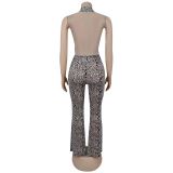 Women leopard print halter neck sexy backless jumpsuit
