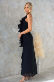 One-shoulder sexy pleated high slit slim dress