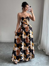 Retro print long dress elegant sweetheart tube top floral maxi dress