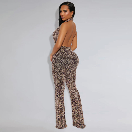 Women leopard print halter neck sexy backless jumpsuit
