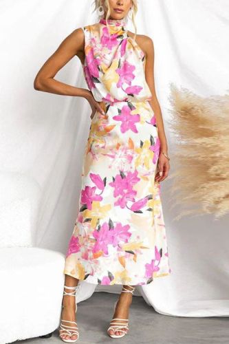 Women's Floral Print Sleeveless Long Gown Dress