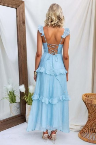Women's solid color elegant ruffle maxi dress