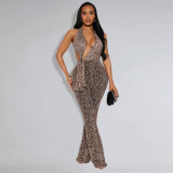 Women leopard print halter neck sexy backless jumpsuit