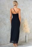 One-shoulder sexy pleated high slit slim dress