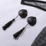 Bowknot-decorated see-through lace body-shaping sexy lingerie set with gloves and stockings