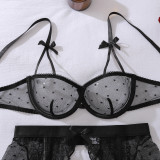 Bowknot-decorated see-through lace body-shaping sexy lingerie set with gloves and stockings