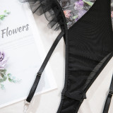 Flower print embroidery suspenders sexy one piece lingerie with socks