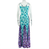 Printed women's patchwork A-line casual V-neck long dress