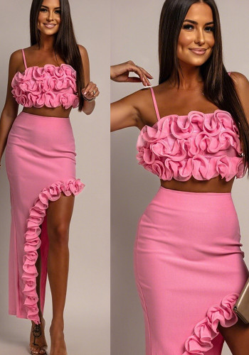 Women's beach ruffled skirt top sexy two piece set