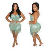 Women tube top with mini skirt tassel two-piece set for women