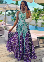 Printed women's patchwork A-line casual V-neck long dress