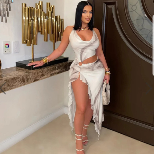 Women print halter neck slit ruffle dress