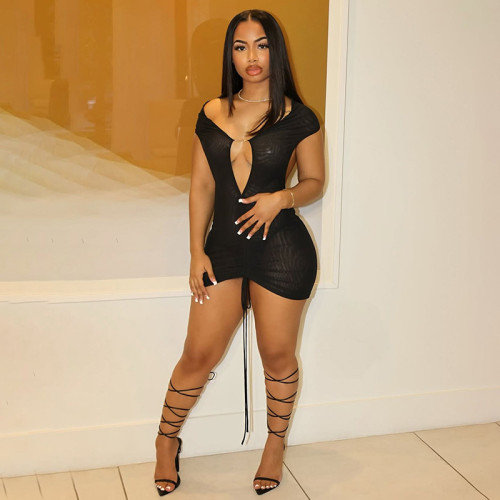 Sexy metal details backless sheer bodycon dress