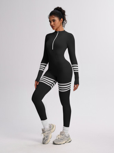 Seamless striped trousers zipper long-sleeved sports fitness clothes one-piece yoga jumpsuit