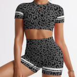 Leopard print yoga seamless suit short-sleeved women's tight butt-lifting fitness running shorts set