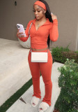Women Sporty Solid Color Zipper Top + Pant + Headband Set