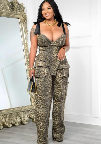 Overall Printed Lace-Up Irregular Vest Cargo Trousers Two Piece Set