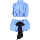 Women's Blue Crop Top + Bow Knot Mini Skirt Set