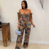 Overall Printed Lace-Up Irregular Vest Cargo Trousers Two Piece Set