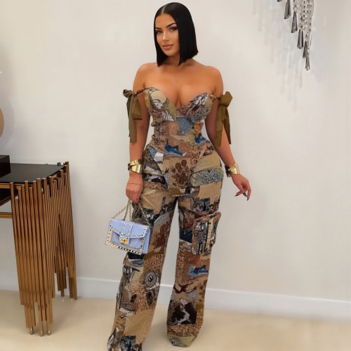 Overall Printed Lace-Up Irregular Vest Cargo Trousers Two Piece Set