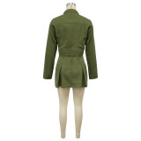 Women's Autumn Solid Color Long Sleeve Zipper Top Pleated Short Skirt Two-Piece Set
