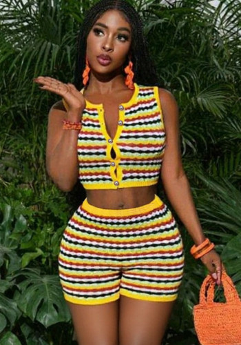 Women summer stripes knit short set