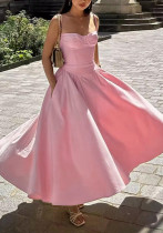 Women elegant solid color sling maxi dress
