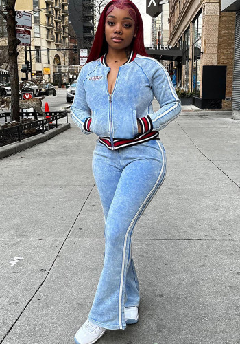 Women's Autumn Blue Color Long Sleeve Top + Pants Tracksuit
