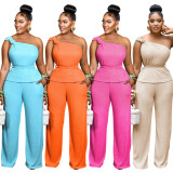 Women Solid Color One Shoulder Top and Pant Two-Piece Set