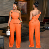 Women Solid Color One Shoulder Top and Pant Two-Piece Set