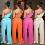 Women Solid Color One Shoulder Top and Pant Two-Piece Set