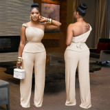 Women Solid Color One Shoulder Top and Pant Two-Piece Set