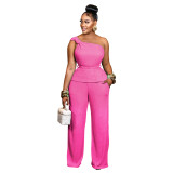 Women Solid Color One Shoulder Top and Pant Two-Piece Set