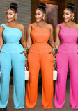 Women Solid Color One Shoulder Top and Pant Two-Piece Set
