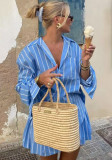 Autumn women's casual vacation lazy style striped blue shirt shorts set