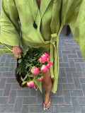 Autumn winter women's cotton linen dress lazy casual loose robe lapel tie long coat