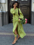 Autumn winter women's cotton linen dress lazy casual loose robe lapel tie long coat