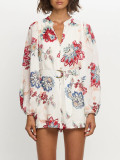 Autumn women's casual linen print rompers jumpsuit