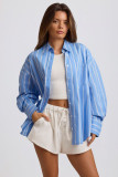 Autumn women's casual vacation lazy style striped blue shirt shorts set